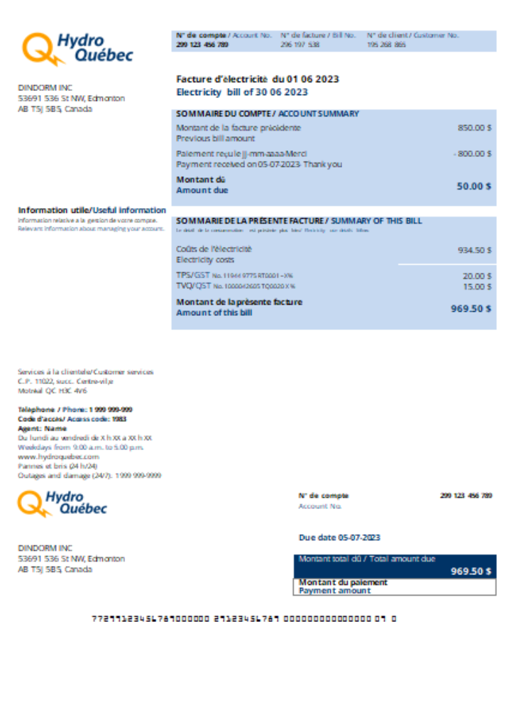 Download Hydro Québec utility business bill,  SCR Photoshop template